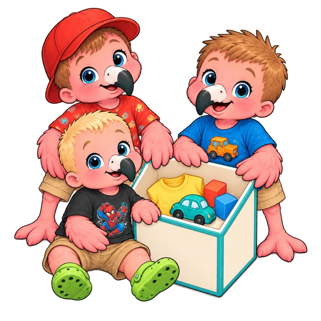 Three flamingo children around a box of clothing and toys