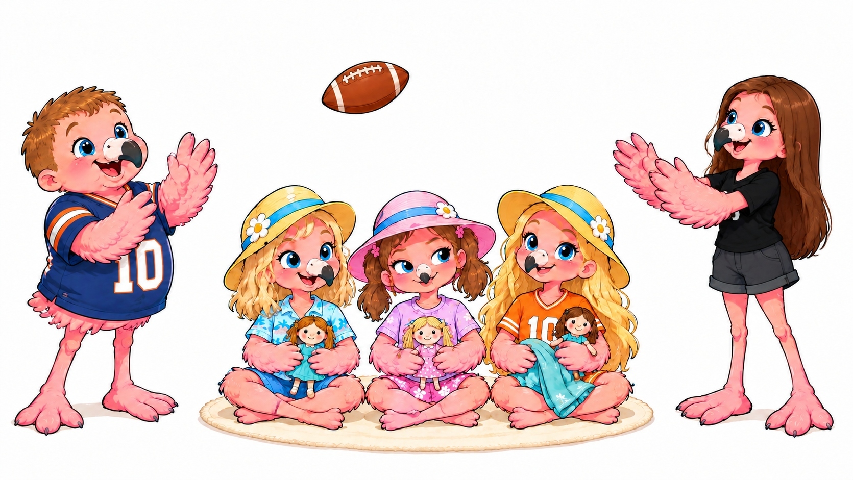 Football players with three seated doll players between them