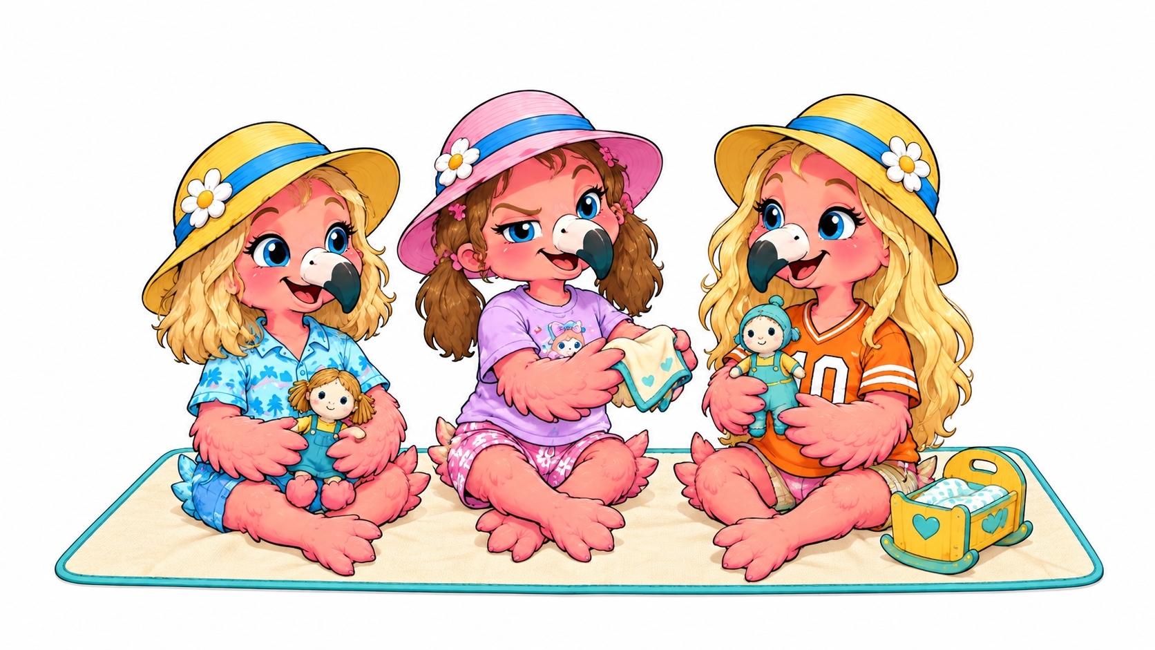 Three flamingo children playing with dolls