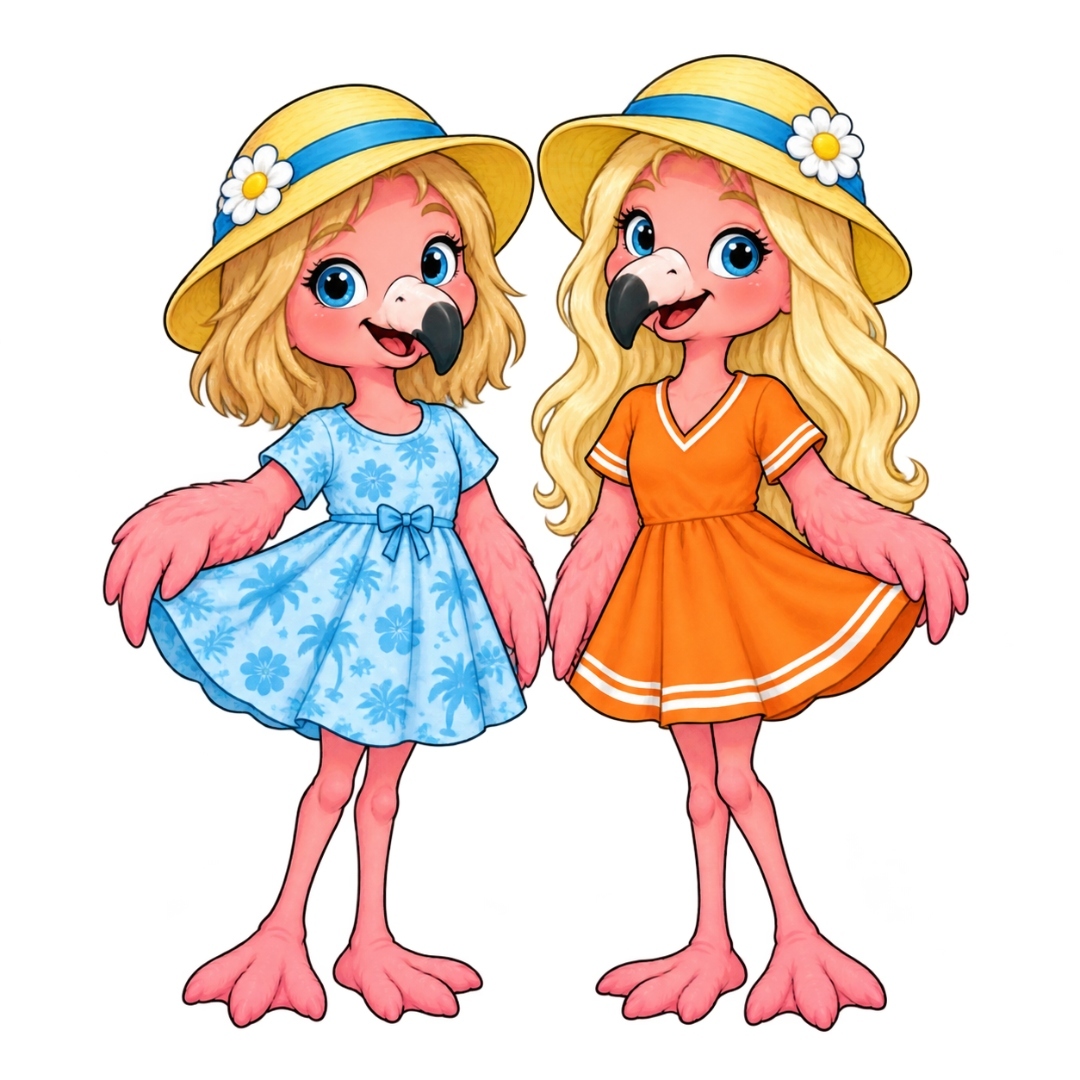 Two flamingo characters showing their dresses