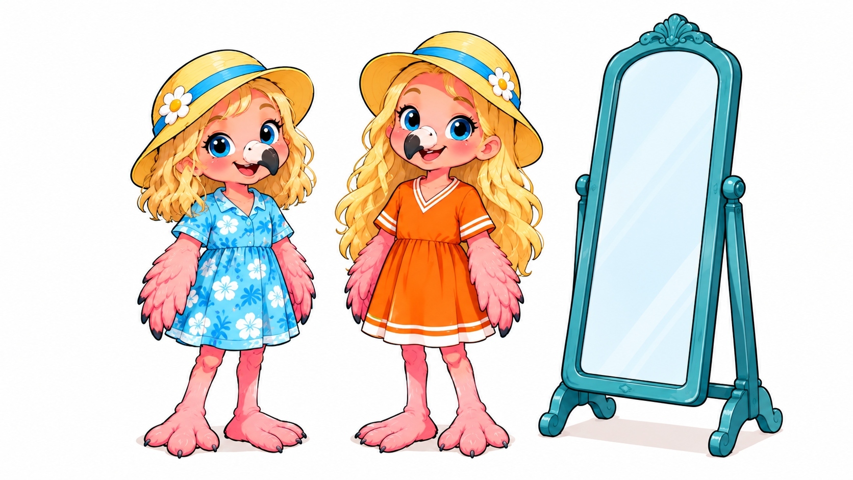 Two girls beside a full-length mirror