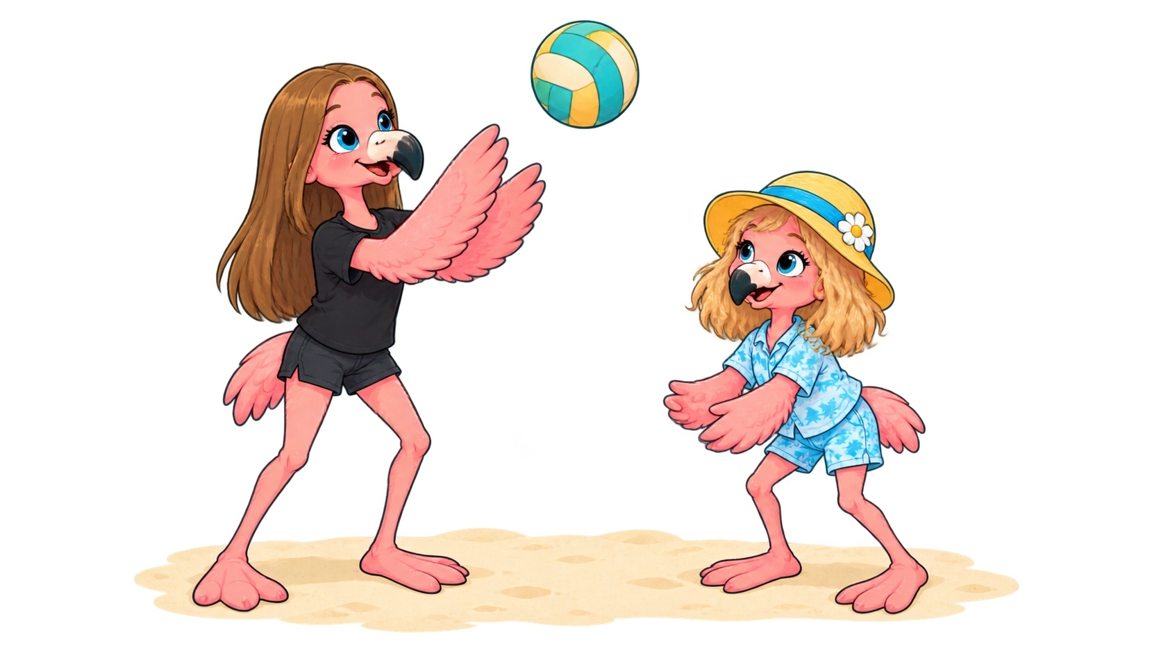 Two flamingo children playing volleyball
